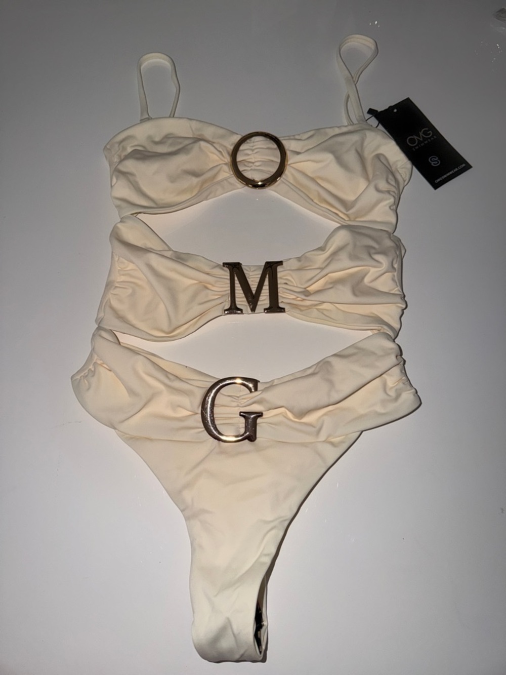 OMG Miami Swimwear Cream/Beige Cutout One-Piece Swimsuit w/Gold Letter Hardware
